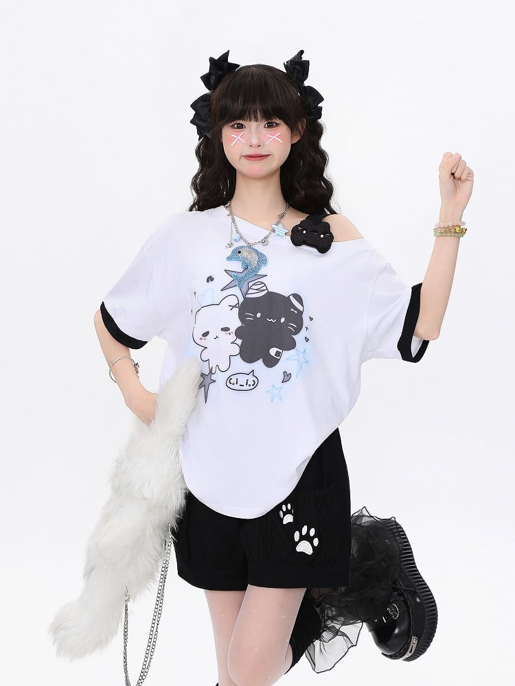 Embroidered Dog Paw Shorts Blue/Pink/Black