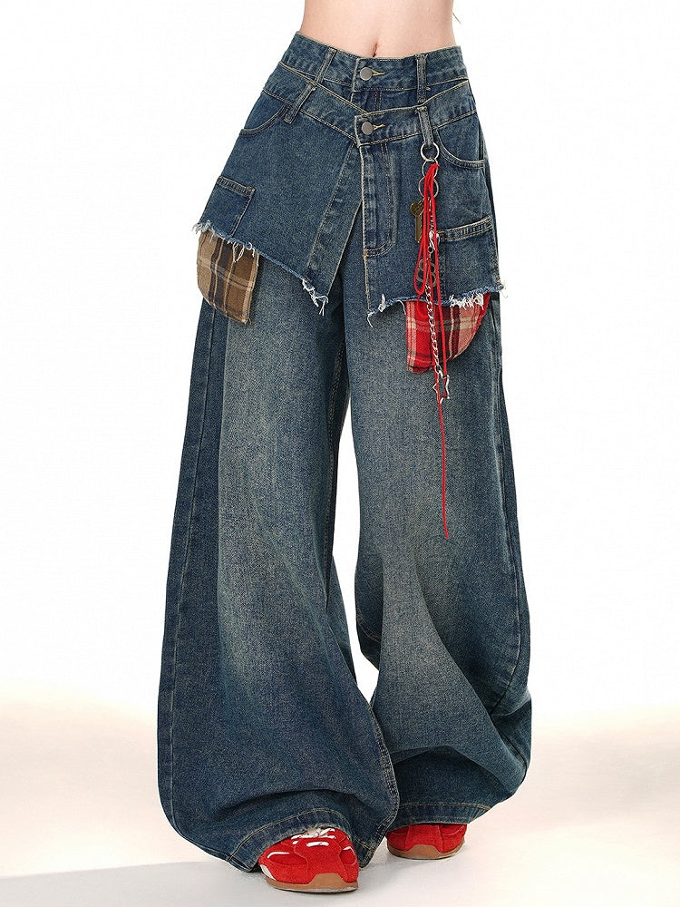 Fake Two-piece Blue Wide-leg Cut Jeans Design