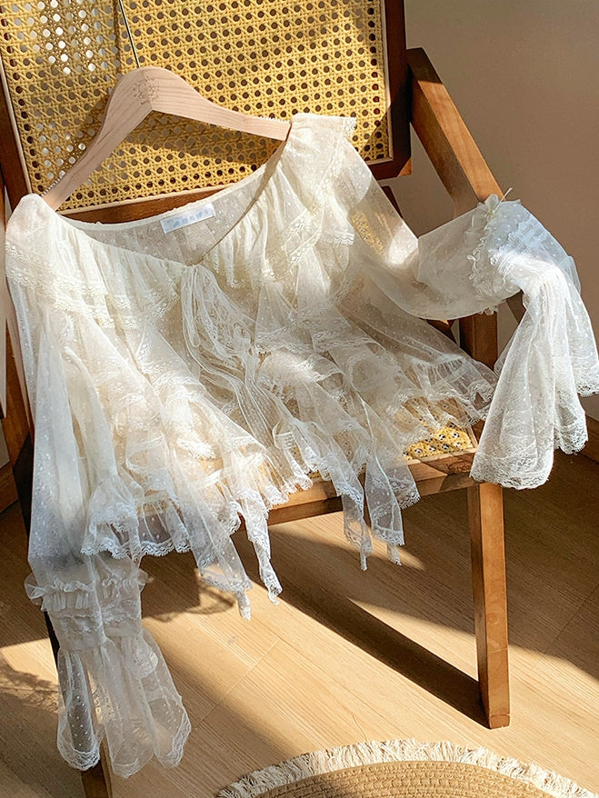 Long Sleeves Tulle Cascading Sheer Trim Top Beige Ruffle Dotted