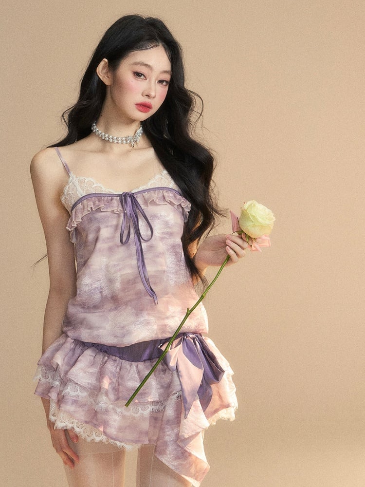 Lavender Oil Strap Tiered with Skirt Slip Dress Mini Painting Self-tie