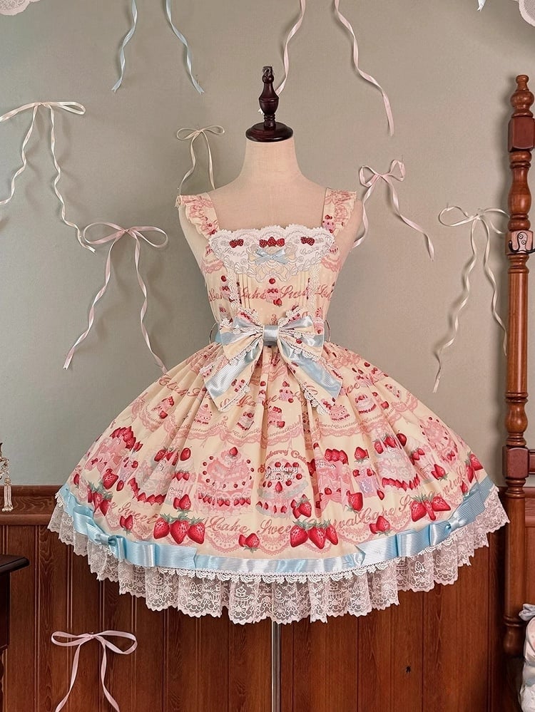 Erdbeer-Print-Rock, süßes, süßes und gelbes Lolita-Kuchen-Pulloverkleid