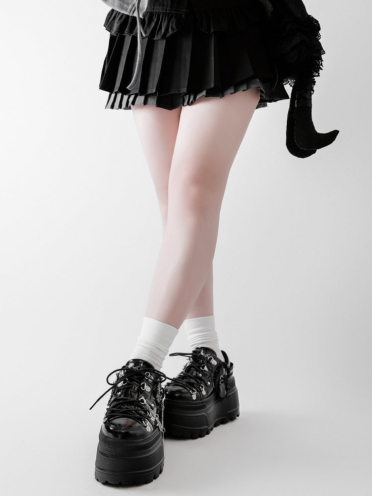 Detachable Black With Punk Front Charm Ties Design Platform Chain Lace-up Cross Shoes