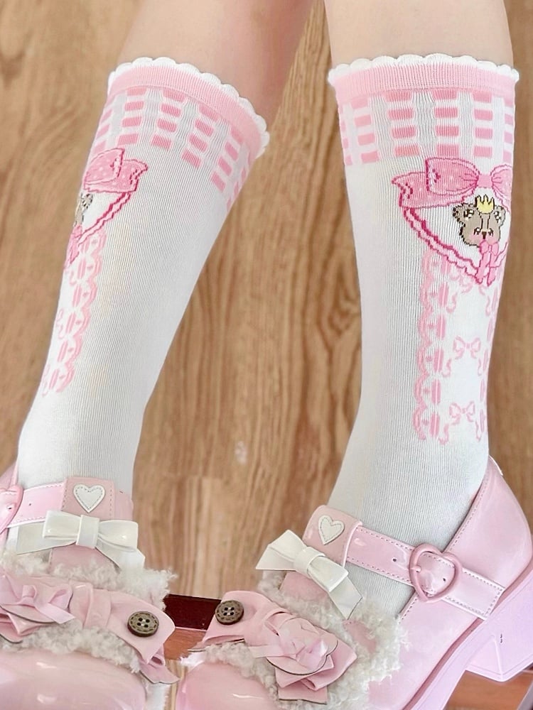 Bear Lolita Socks Pink Print Pattern Calf White Bowknot