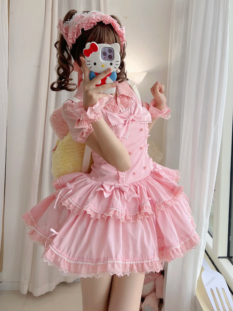 Bow Pink Accents Dots Lolita Old School Dress Shimmer Polka Sweet