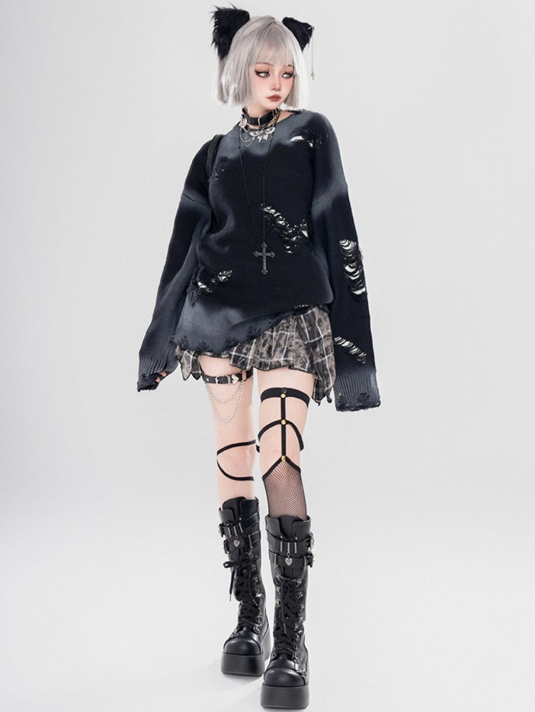 Y2K Black/Grey Butterfly Shaped Distressed Holes Round Neck Sweater