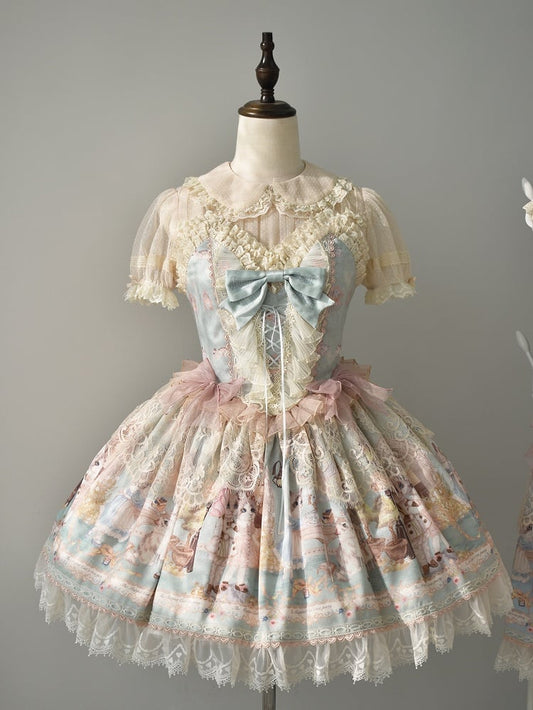 Tea Party Korsett Print Mieder Pullover Kitty Kleid süßer Rock grün Mint Lolita