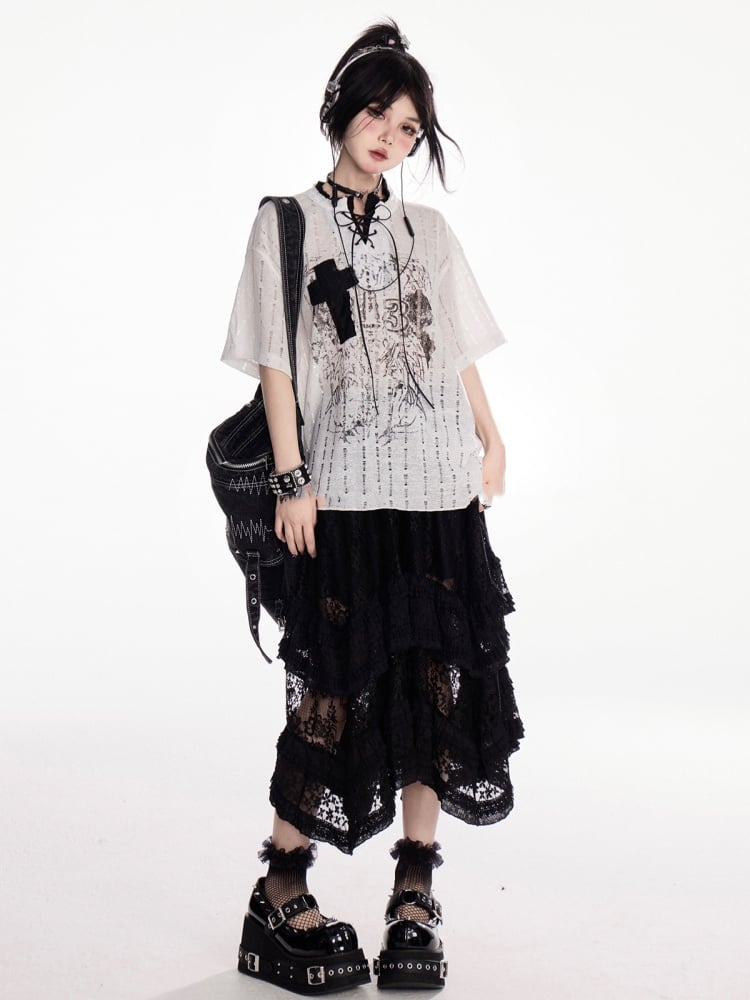 Y2K Holes Black/White Lace-up Mock Neck Distressed