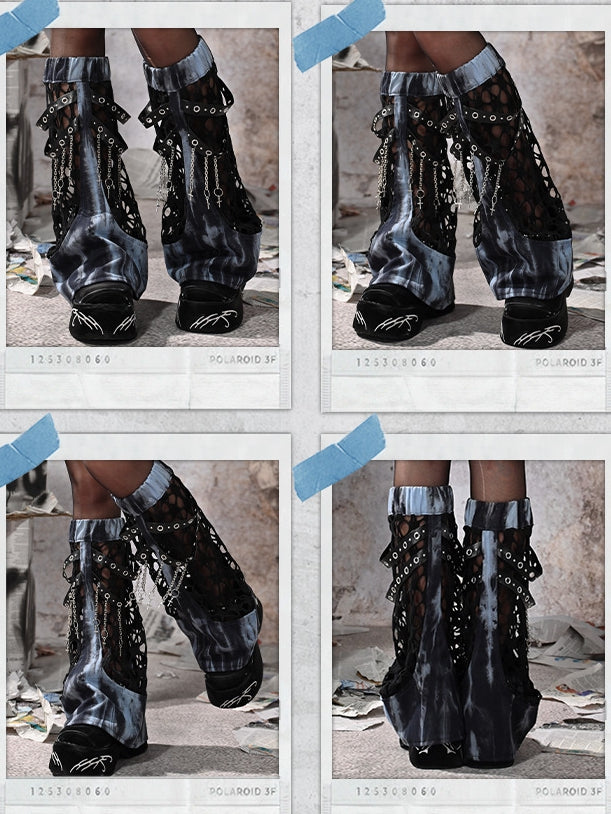 Grunge Punk Rock Mesh Patchwork Blau und Schwarz Tie Dye Beinwärmer Riemen mit Ketten
