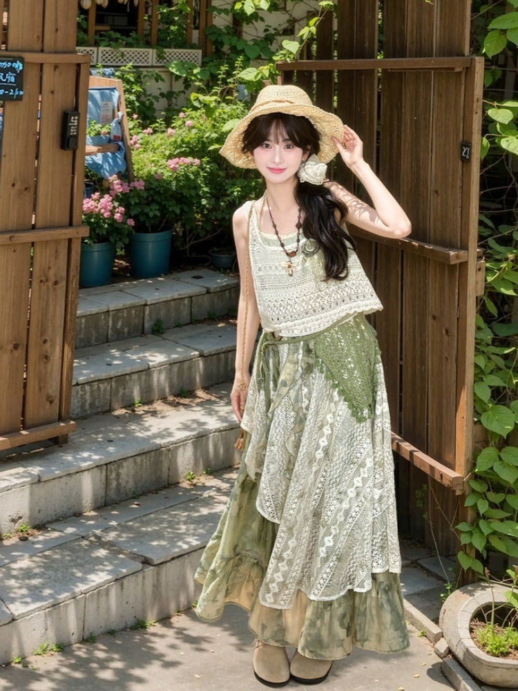 Dye Lace Patchwork Design Long/Short Tie Skirt Version Kei Green Mori