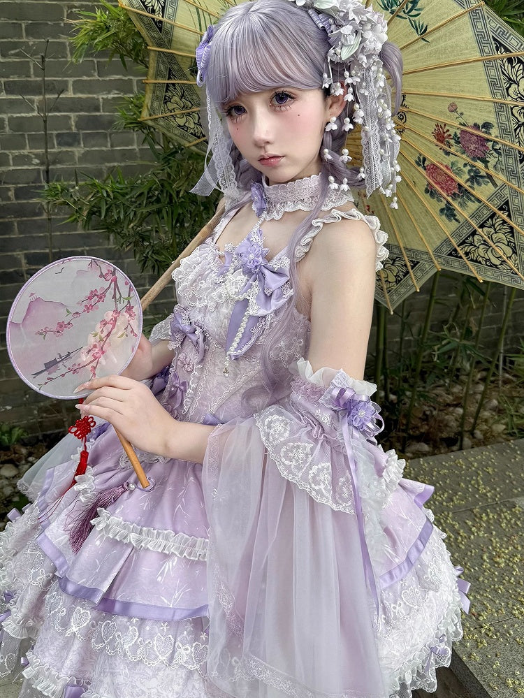 and Chains Dress Flower Lolita Waist Qi Corset Bow Bead Purple Accents