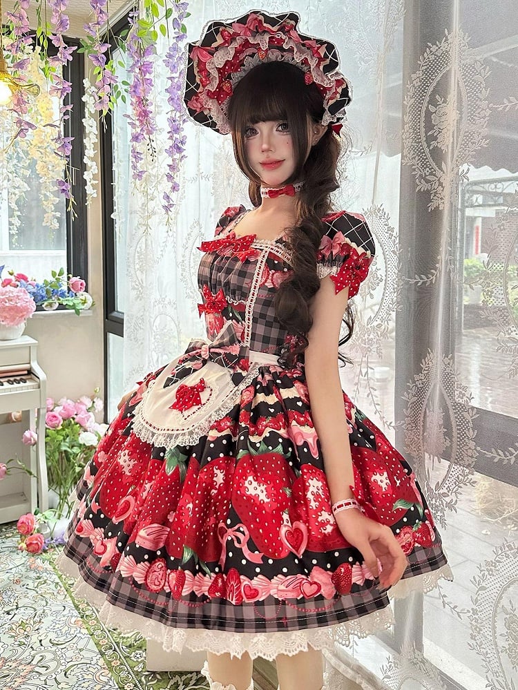 XXL Bust Apron Plaid Print with for 96-111CM Pattern Black Strawberry Sweet Dress Clearance-Size Summer and Lolita