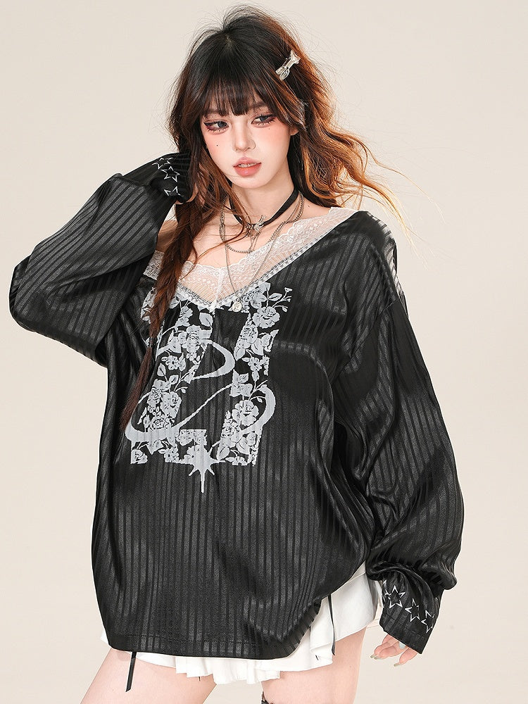 Print Trim Sleeves Bittersweet Black Long Floral Glamorous Blokette Striped Core Top Lace