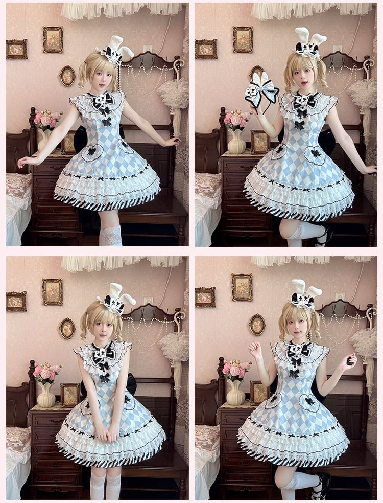 Wunderland Alice Blau Diamant Muster Hasenohren Hut Vibes in