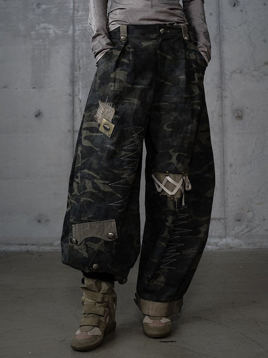 Pants Cargo Zigzag Punk Deconstructed with Camo Embroidery Vintage Design
