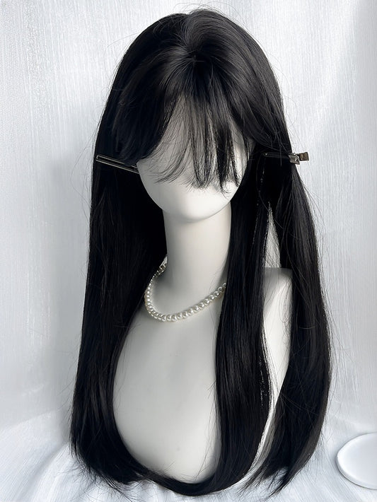Black Tea Waist Length Straight Synthetic Wig With Air Bangs