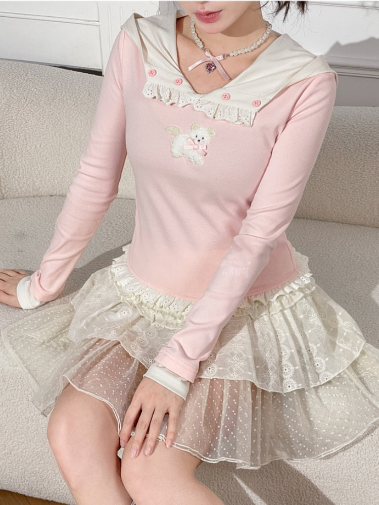 ピンクのプラッシュパピー柄フリルレーストリムスリムフィットトップス