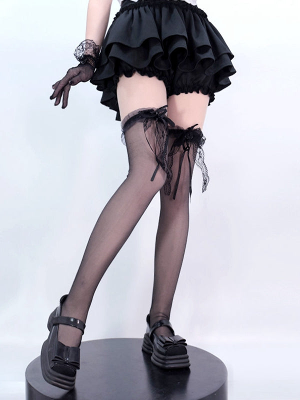 Black / White Lace Bowknot on Cuffs Over Knee Stockings