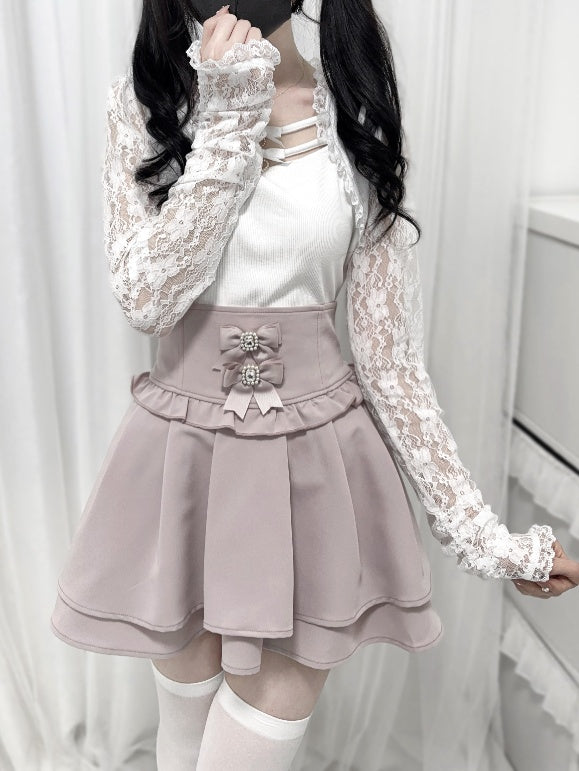 Jirai Kei Black/White Bowknots Neckline Lace Sleeves Top
