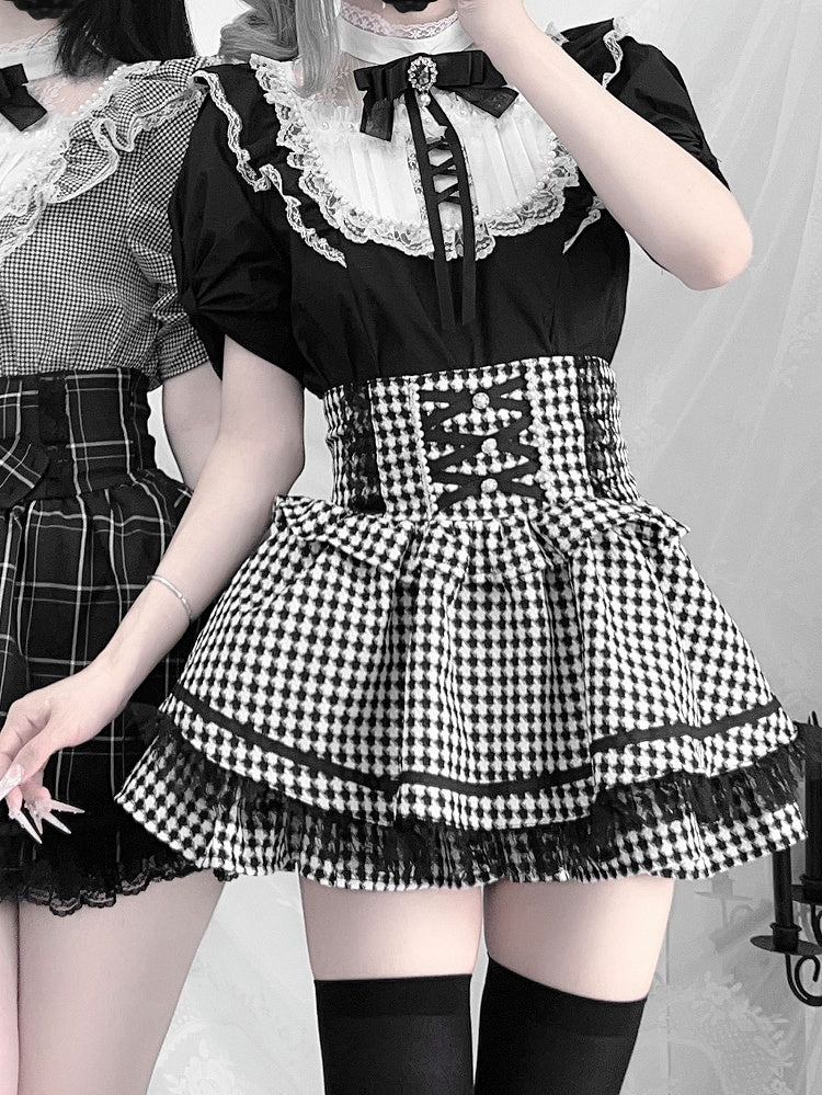 / Lace Trim with Bead Details White Plaid Blouse Jirai Kei Illusion Neckline Black