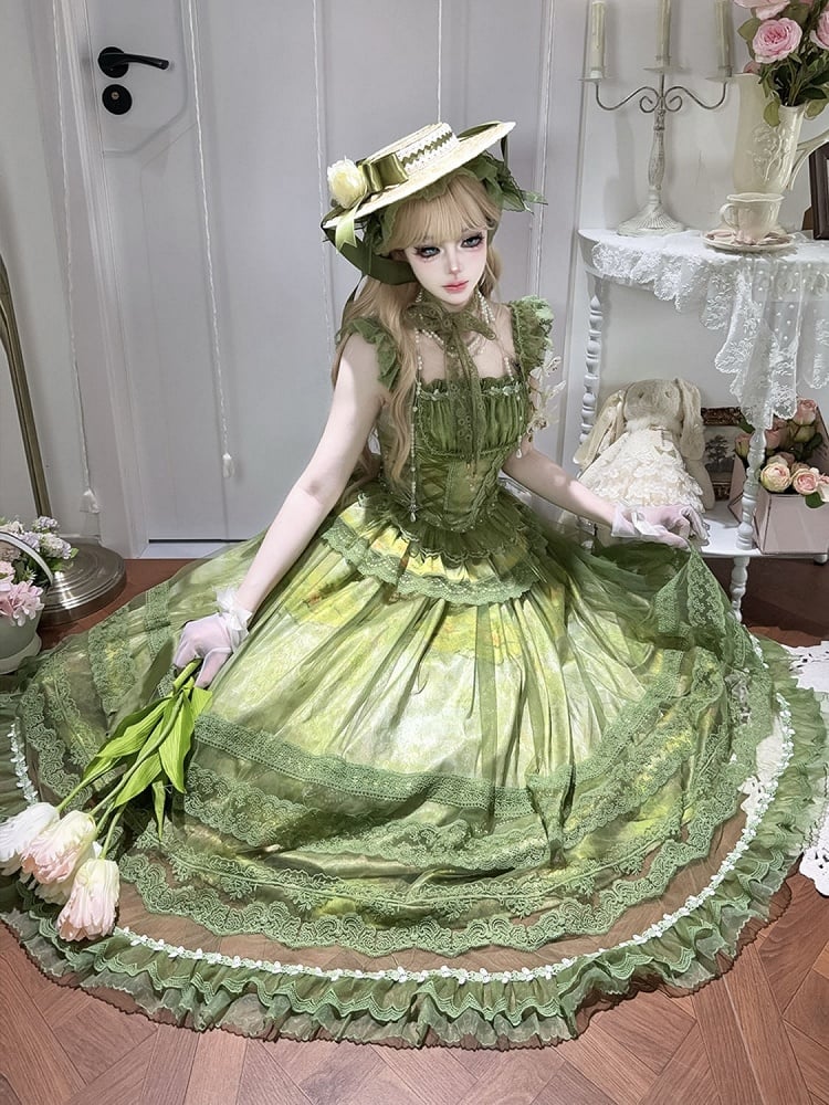 Top Basque Print Waist Boned + Skirt Painting Oil Lolita Classic Overlay Green