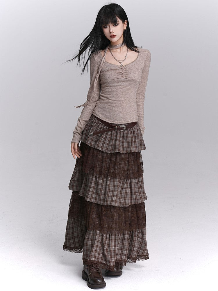 Side Lace Skirt Layers with Zipper Tiered Maxi Coffee Plaid