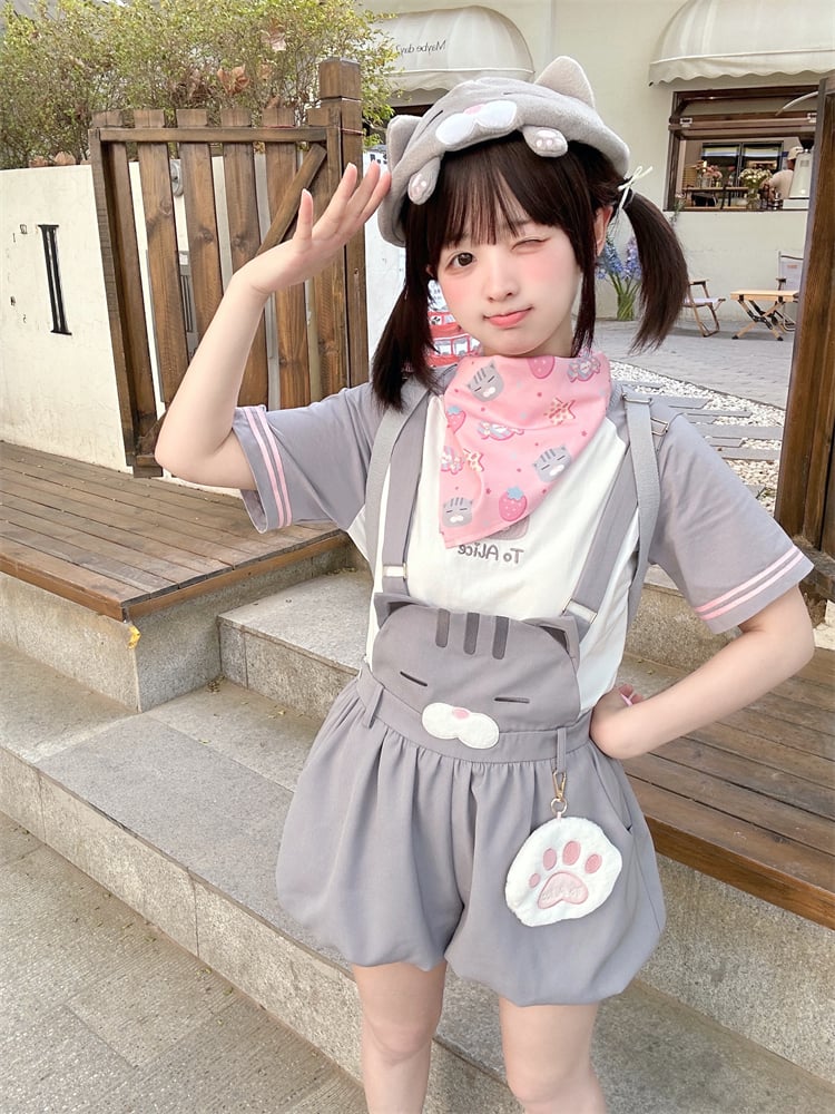 Shorts Bubble Overalls Adorable Kitty Pattern Gray