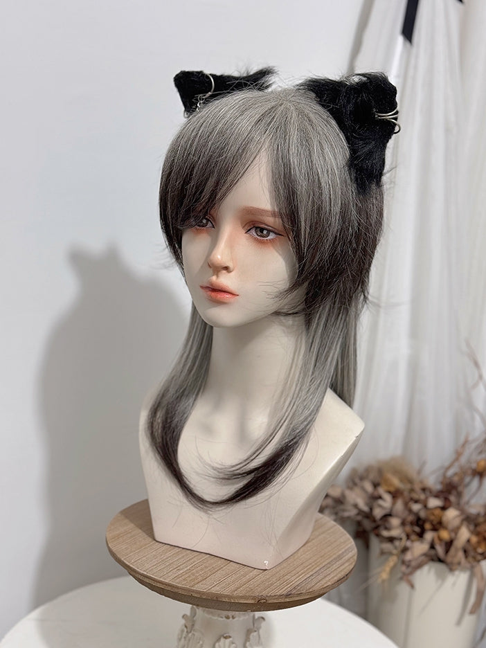 Black 45CM Ouji Bangs Ombre Straight Gray And With Style Length Wig