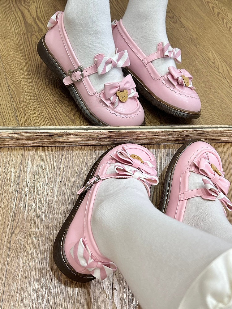 - 2cm Sweet with Uniform Striped Flats Pink Bow PU Lolita Sole