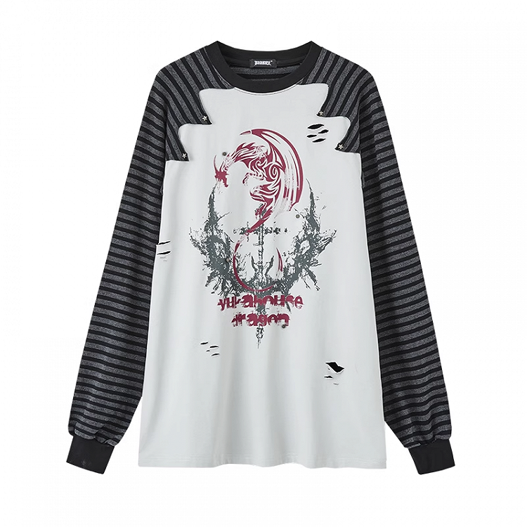 and Colorblock Long Sleeves Striped with Black and Gray Top Punk Print Design