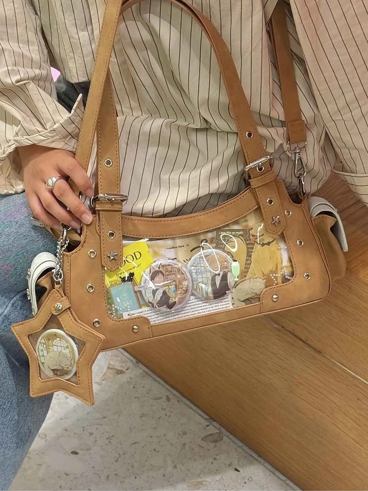 Star Brown Y2K Charm PU Bag With Light Shoulder Ita