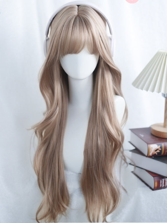 60-65cm Wellig Air Perücke Licht Pony Braun Lange Mit