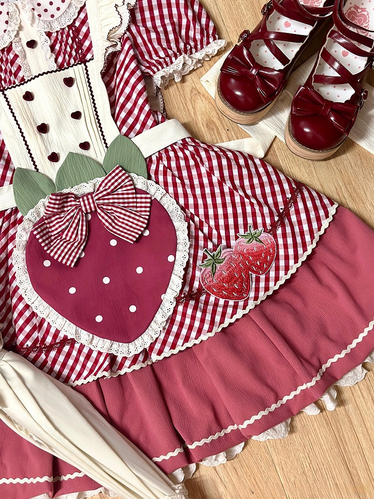 Dress with Plaid Lolita Collar Peter Pattern Strawberry Pan Sweet Pink Apron
