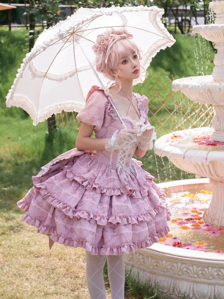 Dress Big Lolita OP Princess Corset Pink Skirt Ruffle Waist with