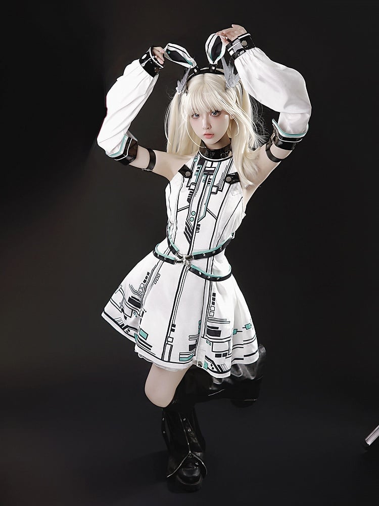 Bunny Sleeves KC Dress Techwear Halter Neck Urban Cyberpunk White + Ears