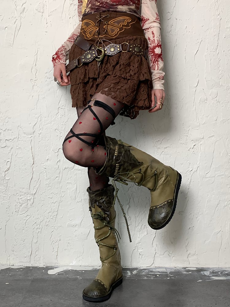 Red Black Heart Pattern Y2K Tights