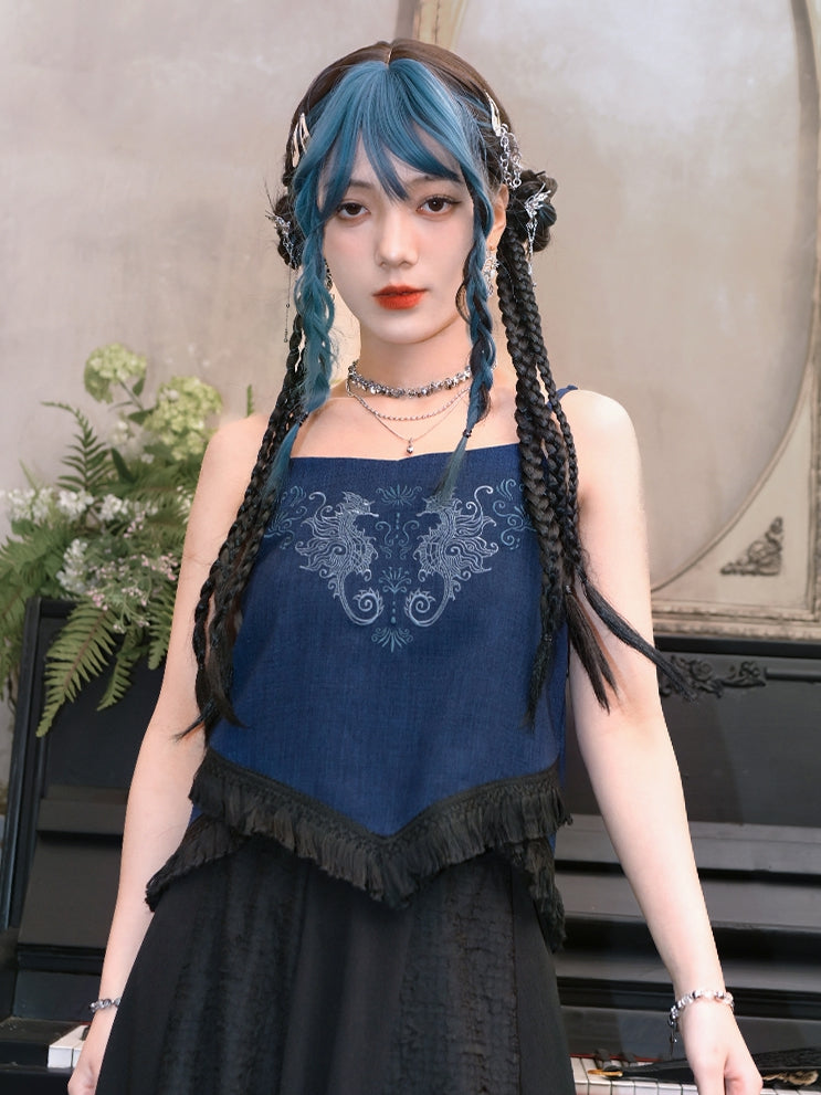Seahorse Cheongsam Top and Cami Hem Style Tassel Dark Embroidery Coral Blue