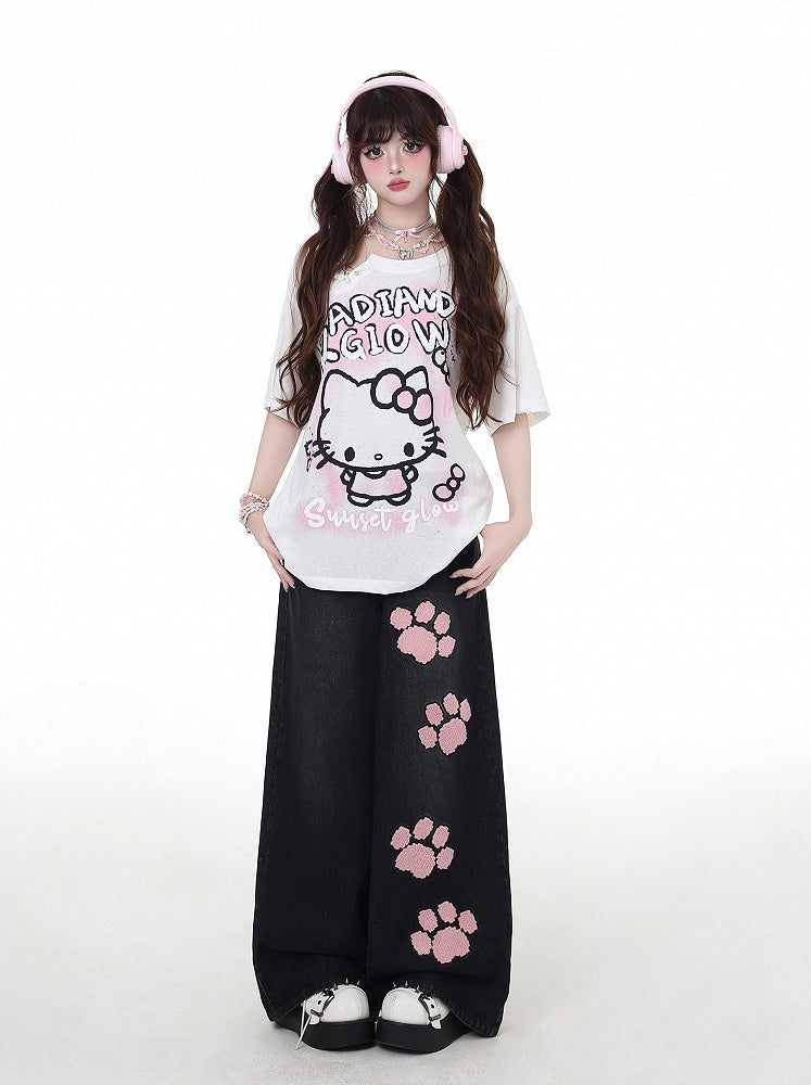 Waist Straight-Leg Jeans Pink Paw Embroidery Black Low