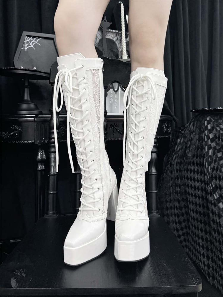 Gothic White Front Lace-up Ties Lace Platform High Block Heel Knee-high Boots