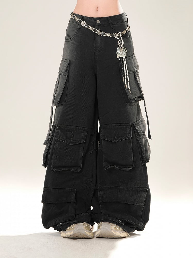 Low Blue/Black Waist Cargo Pockets Wide-Leg Jeans