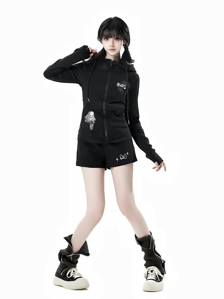 Long Sleeves Top Zip Closure Black/White Devil Horn Design Hood