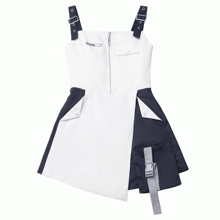 with Loading Bar Embroidery Partial Front Zipper Blue White Colorblock Techwear Dress