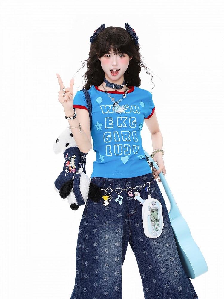 Daily Kawaii Blue Fitted Shoulder T-Shirt with Letter Print