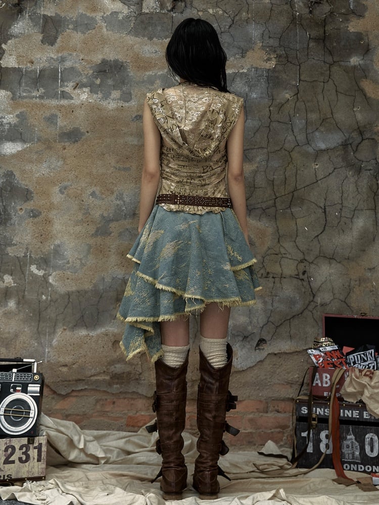 レタードカーキトップデニムハンカチスカートパンクフード付きドレス