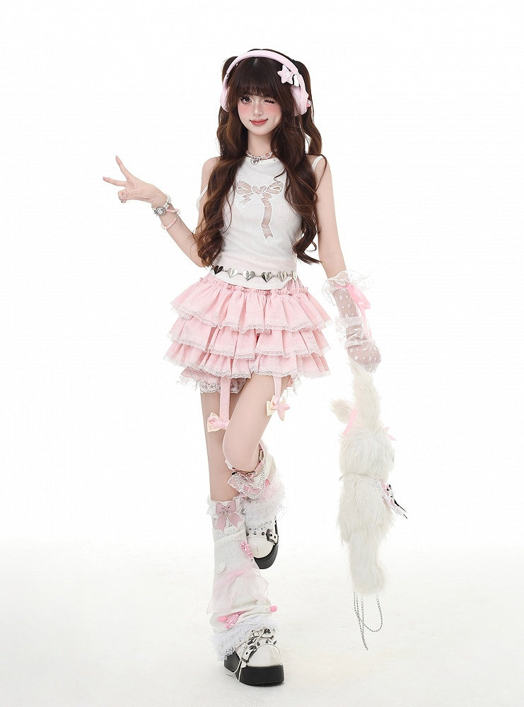 Red/Pink/Black Lace Trim Y2K Tiered Skirt with Glamorous