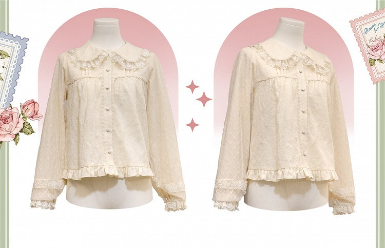 Beige Baumwollbluse mit rundem, flachem Kragen und langen Ärmeln