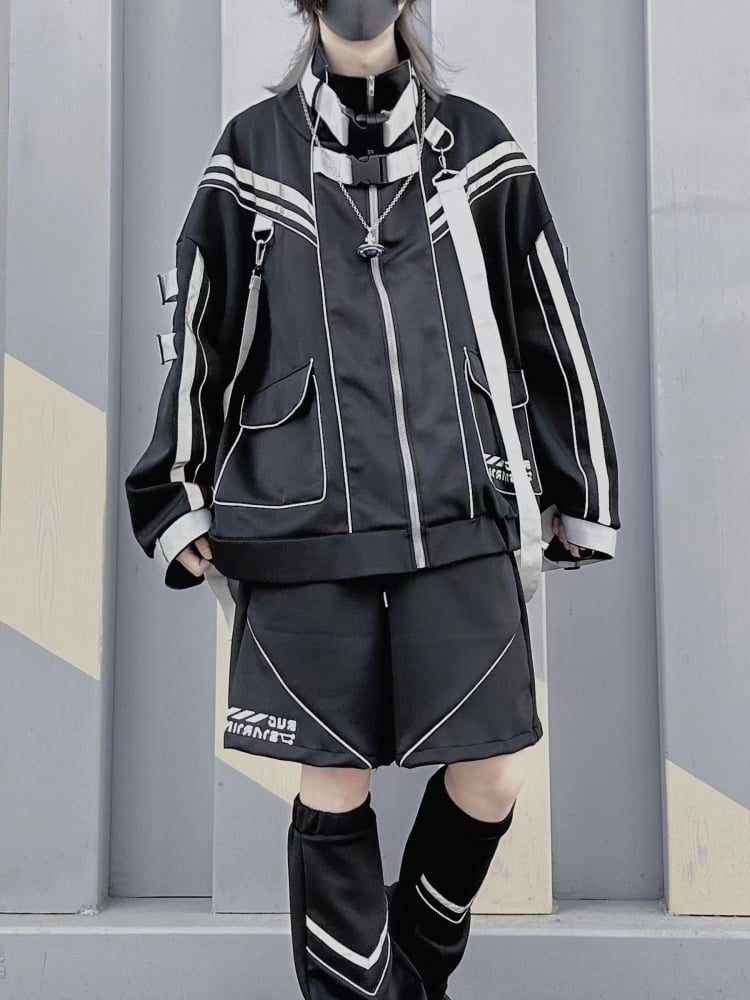 Schwarzes futuristisches Cyberpunk-Schnallenband Jirai Kei Komplettset