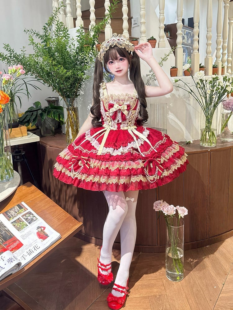 Dress Red Princess Tiered Decorated Bead Skirt Bows Lolita Chain