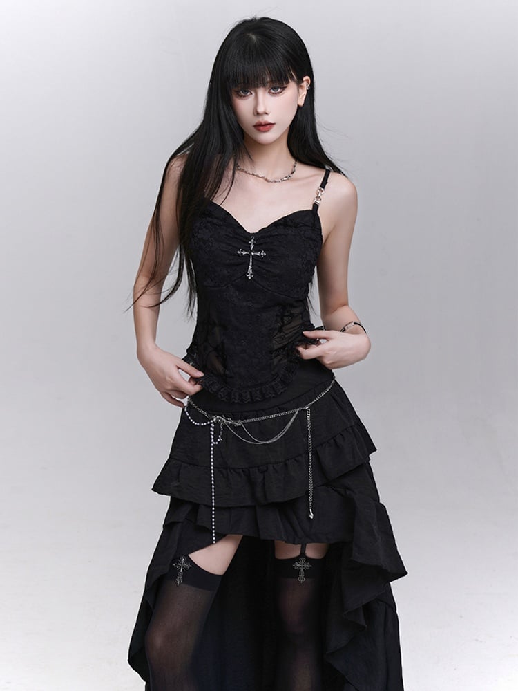 with Beaded Black Lace Patches Waist Cross Decorated Cami Top Chains