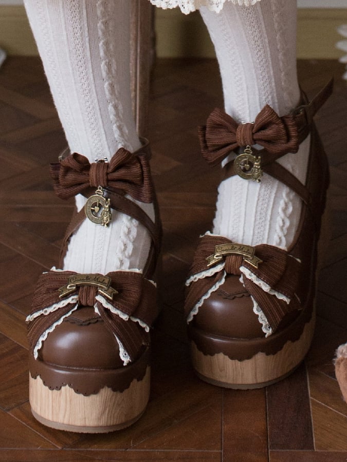 Rund Dunkel - Charm Akzente Schleife Uhr Süße Plattformen Lolita Zehe Braun