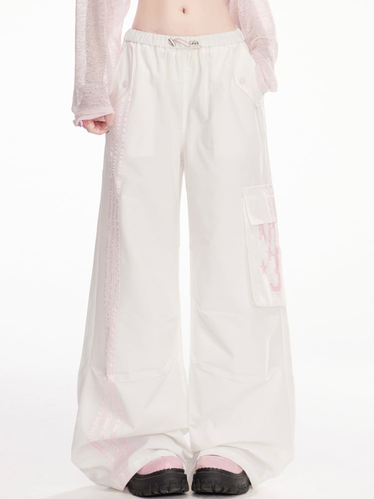 Drawstring Waist Striped Side Wide-Leg Cargo Pants Black/White